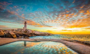 Peggy's cove lighthouse sunset ocean view landscape in Halifax, Nova Scotia