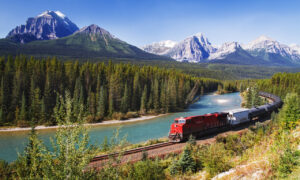 Train passing through Bow Valley, Alberta under the surveillance of mighty Rocky Mountains
