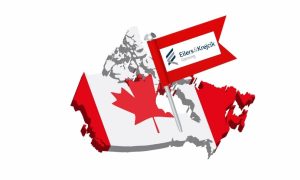 3D map of Canada covered with a Canadian flag. There is a red map flag stuck into the map of Canada. The logo for Eilers-Fantini is displayed on the flag because the Eilers-Fantini online casino performance report now features Canada