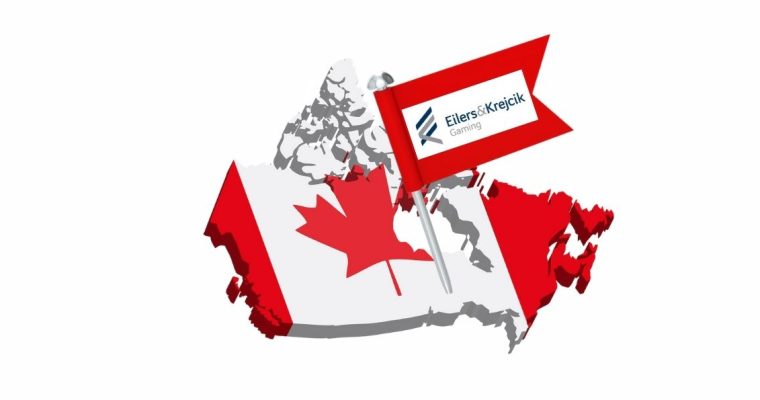 3D map of Canada covered with a Canadian flag. There is a red map flag stuck into the map of Canada. The logo for Eilers-Fantini is displayed on the flag because the Eilers-Fantini online casino performance report now features Canada