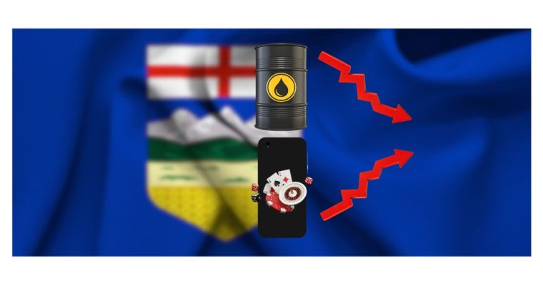 Map of Alberta with an image of a barrel of oil and a red, downward revenue arrow and an image of a cell phone with online gambling with a red upward revenue arrow. With Oil Prices Down, Alberta Could Add $175 Million Annually With Online Gambling