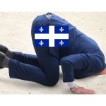 Photo of a businessman with their head in the sand. The businessman is wearing a Quebec flag. Nathalie Bergeron said Quebec's disinterest in an open online gambling market is 