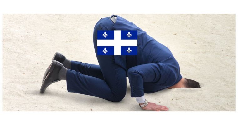 Photo of a businessman with their head in the sand. The businessman is wearing a Quebec flag. Nathalie Bergeron said Quebec's disinterest in an open online gambling market is "disconnected from the current reality."