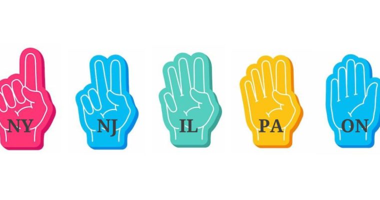 Five large foam fingers ranking the top North American states and provinces by online sports betting handle. From left to right, New York, New Jersey, Illinois, Pennsylvania and Ontario