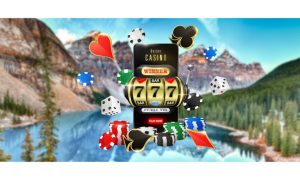 Online casino graphic in front of a scenic of Banff National Park in Alberta. Alberta is allocating $1 million toward exploring open online gambling market