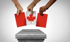 Three hands casting Canadian flag ballots into a ballot box, representing political wagering and voting in Canada