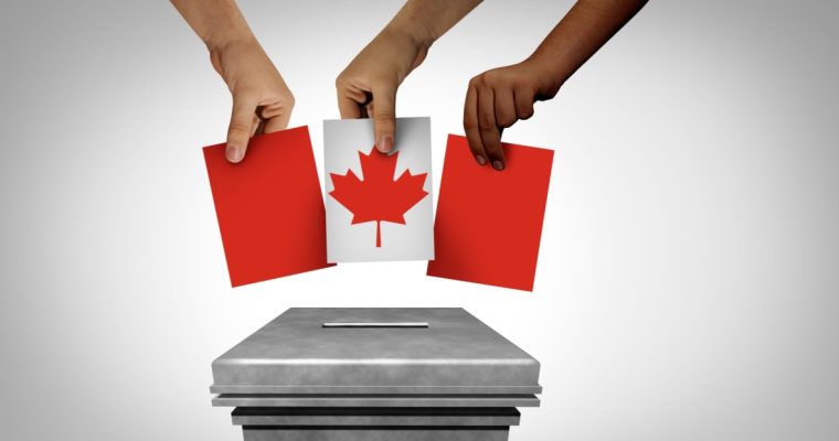 Three hands casting Canadian flag ballots into a ballot box, representing political wagering and voting in Canada