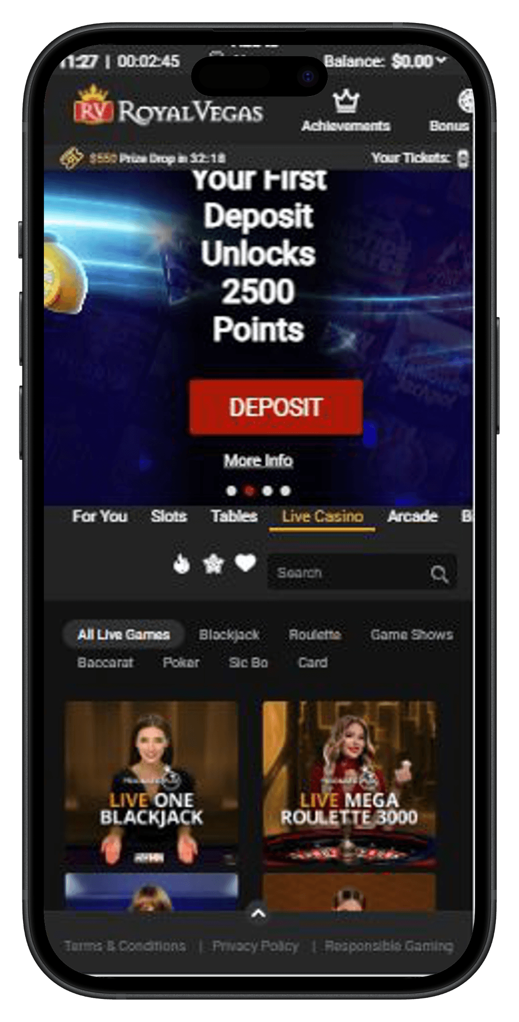 Royal Vegas live casino page