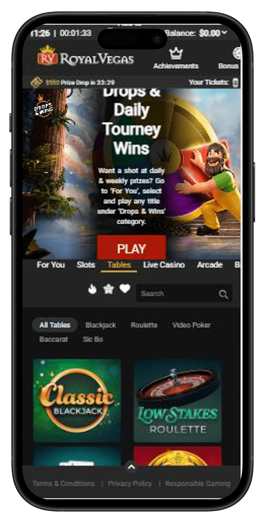 Royal Vegas tables page