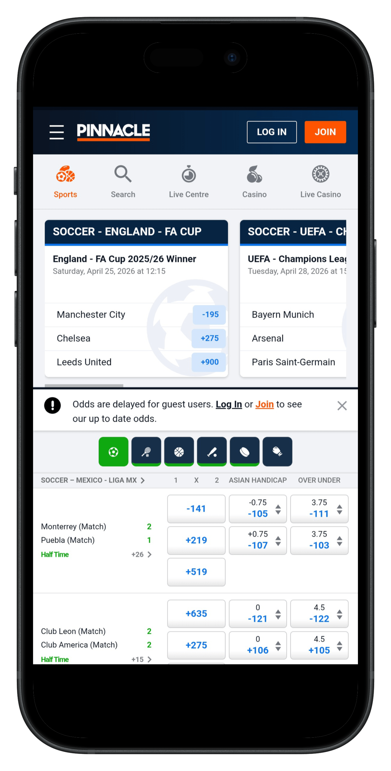 Pinnacle Sportsbook Home Page